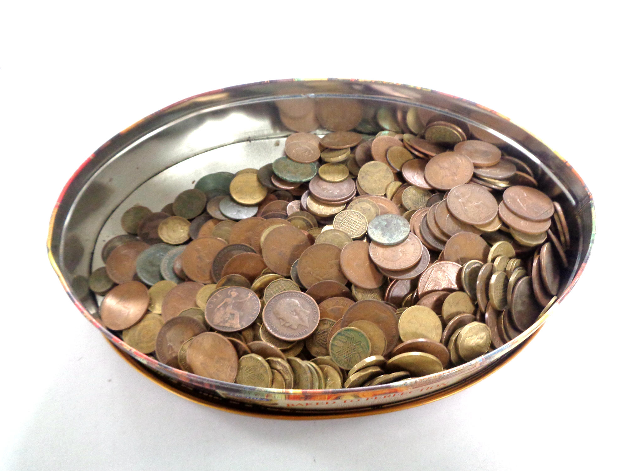 A tin of a large quantity pre decimal coinage