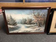 Late Twentieth Century School : Winter River Landscape, oil on canvas, indistinctly signed,