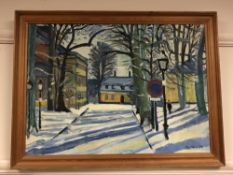 Continental school : Snow in a town street, oil on canvas,