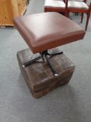 A mid 20th century brown leather cube footstool together with a further footstool on metal legs