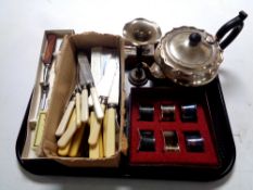 A tray containing plated wares to include teapot, bud vase,