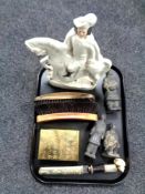 A tray containing pottery Ottoman soldiers, Eastern dagger in sheath, a resin netsuke,