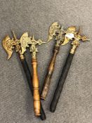 Two pairs of ornamental brass hand axes (4)