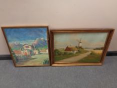 A continental school on on canvas, Windmill by a dwelling, signed C Veilso,