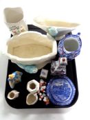 A tray containing miscellaneous china to include two Falcon pottery budgie vases, Maling chintz jug,