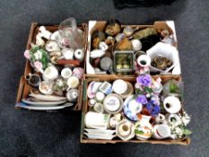 Three boxes containing a quantity of miscellaneous china, beer steins, glassware, vases,