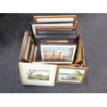 A box of a quantity of assorted framed antiquarian and later pictures,