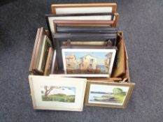 A box of a quantity of assorted framed antiquarian and later pictures,