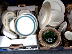 Two boxes containing miscellaneous dinnerware and china to include Wedgwood, Indian Tree,