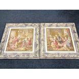 A pair of framed tapestries depicting 18th century parlour scenes