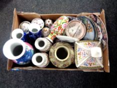 A box containing oriental style china to include lidded pots, vases,