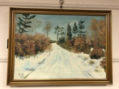 Continental school : A snowy lane, oil on canvas, 63 x 44 cm,