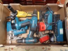 A box containing four power tools to include Makita 18v electric drill (X2), Makita 18v jigsaw,