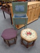 A 20th century painted sewing box on raised legs together with two octagonal stools