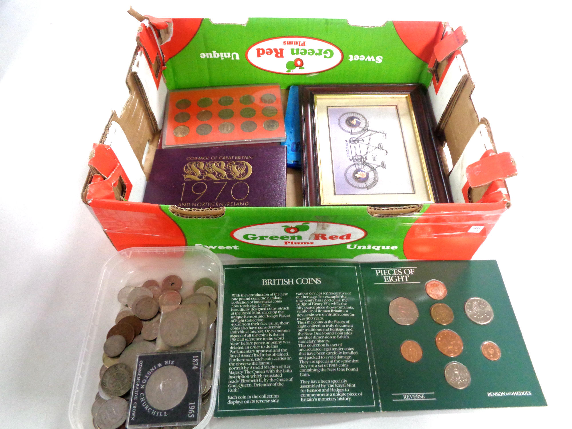 A box of assorted coinage, Britain's first decimal coin set, crowns,