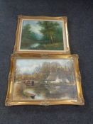 A gilt framed oil on canvas, river through a wooded landscape, signed Inness,