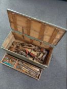 A 20th century pine joiner's tool box containing joinery tools to include block planes, whisk drill,