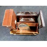 A box of barbola mirror, Edwardian shaving mirror with shelf, three vintage leather cases,