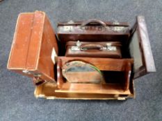 A box of barbola mirror, Edwardian shaving mirror with shelf, three vintage leather cases,