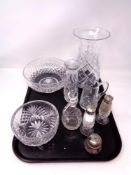 A tray containing assorted glassware to include cut glass silver plated cruet set,