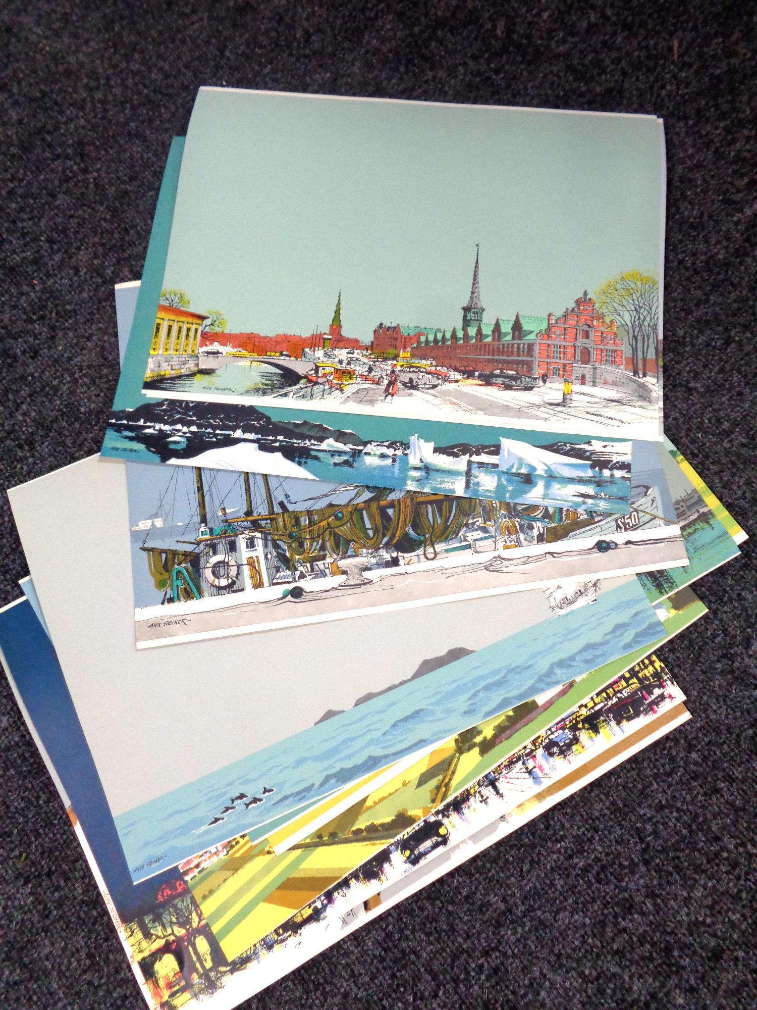 A large quantity of unframed pictures to include Alex Secher lithographic prints, paper collages,