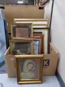 A box containing assorted framed pictures and prints, framed Wills naval cigarette cards,