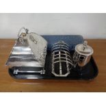 A tray containing plated wares to include an antique good quality plated caddy on ball feet,