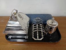 A tray containing plated wares to include an antique good quality plated caddy on ball feet,