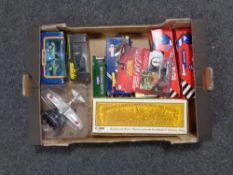 A box containing boxed die cast vehicles to include Corgi container truck and delivery van,