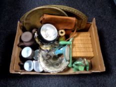 A box of Hornsea tea ware, two vintage mincers, leather satchel,