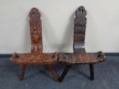 Two rustic pine tripod chairs,