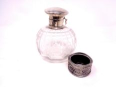 A silver topped etched glass perfume bottle, height 10 cm,