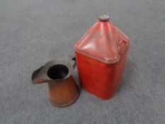 A vintage oil canister together with a vintage oil jug