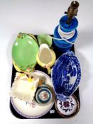 A tray containing assorted china to include a 20th century pottery table lamp,