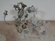 A box containing a glass five way chandelier with drops together with a further metal three way