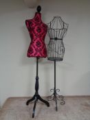 A fabric dressmaker's dummy on stand together with a further wire metal dressmaker's dummy