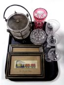 A tray containing 19th and 20th century glassware to include a Victorian plated and cut glass