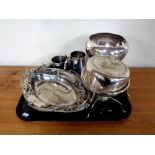 A tray containing plated wares to include Art Nouveau swing handled basket,