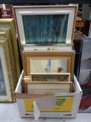 A box containing assorted framed pictures to include continental oil on canvas, Fishing boats,