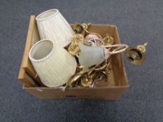 A box containing table lamps, metal light fittings, lady's leather bag,