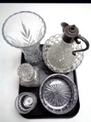 A tray containing assorted glassware to include silver plated and cut glass claret jug,