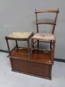 An Edwardian tapestry seated bedroom chair together with a blanket box and a footstool