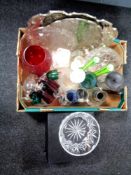 A boxed Thomas Webb crystal bowl and a box of glass ware including decanters, vases,