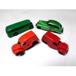 Four mid century clockwork cars, one with key, to include Mimic toys, Tri-ang,