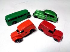 Four mid century clockwork cars, one with key, to include Mimic toys, Tri-ang,