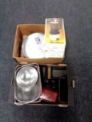 Two boxes of kitchen loaf dishes and tins, Moulineux blender,