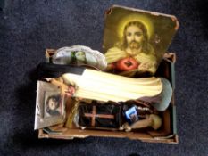 A box of religious items - crucifixes, print,