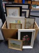 A box containing a quantity of continental school pictures and prints, oil paintings,