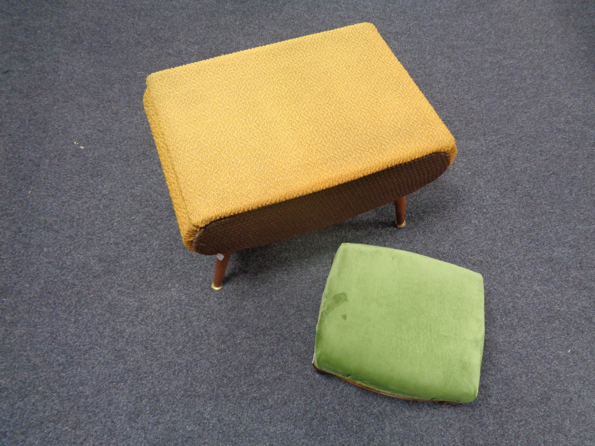A mid 20th century upholstered sewing box on teak legs by Sherbourne together with a further