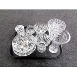 A tray containing assorted glassware to include lead crystal and cut glass vases, preserve pot,